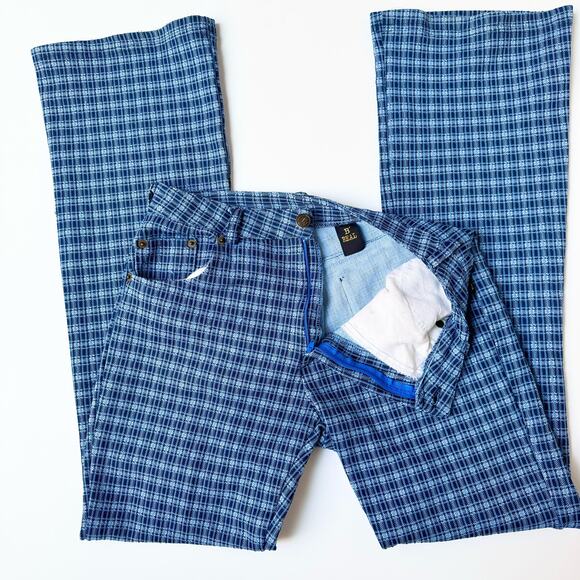 Vintage B'REAL 90's Mid Rise Blue Plaid Flared Pants Women's Small - Picture 4 of 10